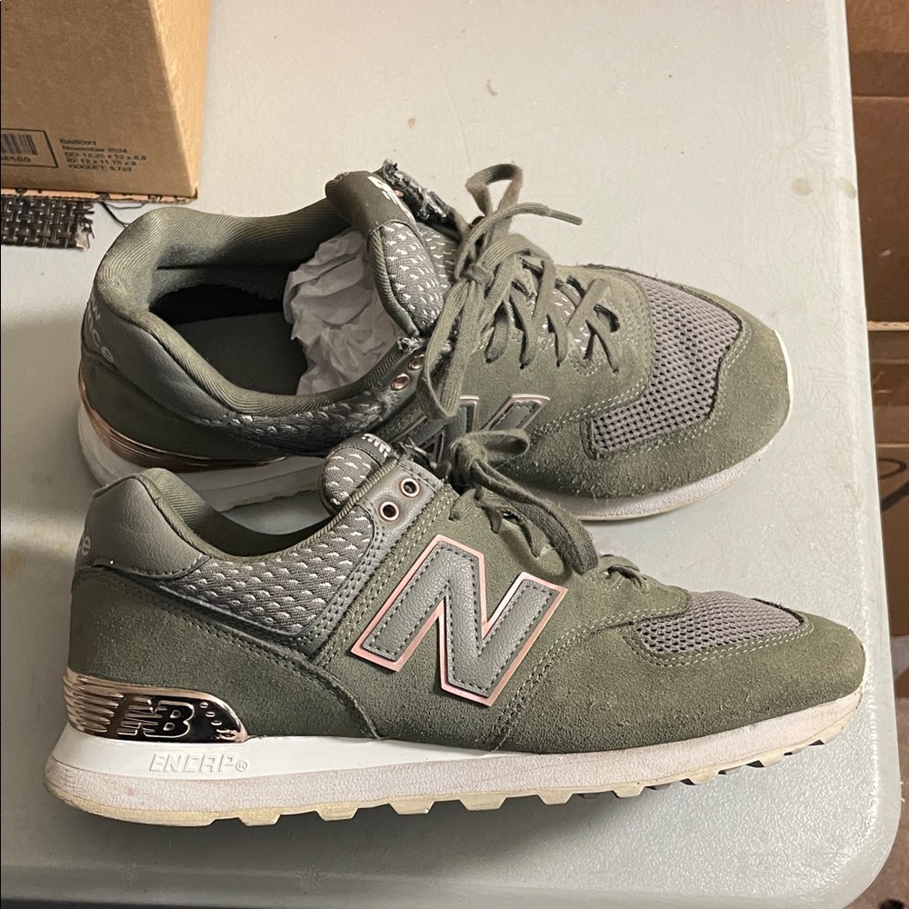 New Balance Athletic Sneakers in Sage Green with Pink Accents